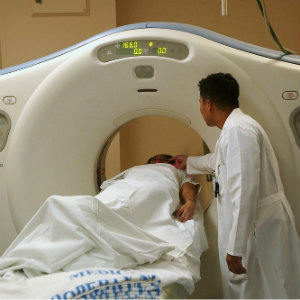 cat scan technician with patient