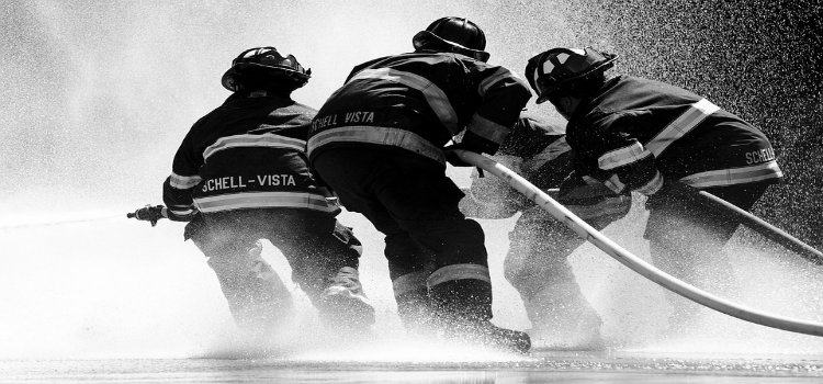 group of firefighters spraying hose