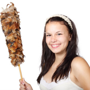 woman with feather duster